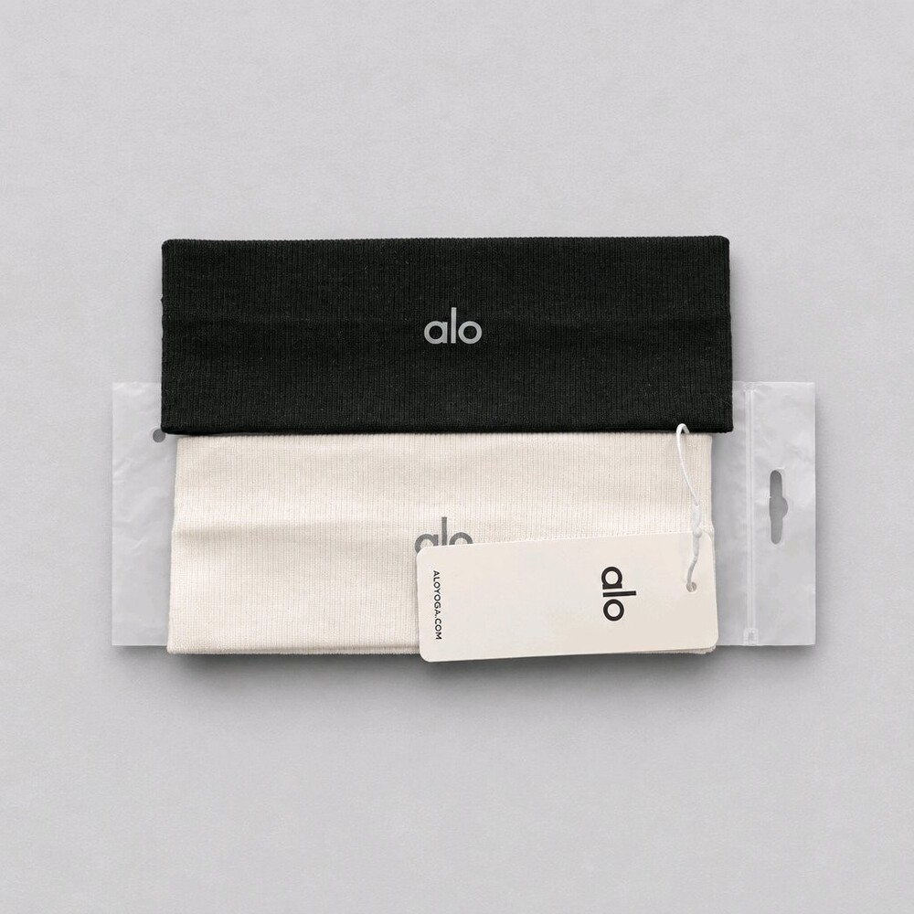 Alo Headbands Set of 2 Black and White Logo Wide Stretchy Bands